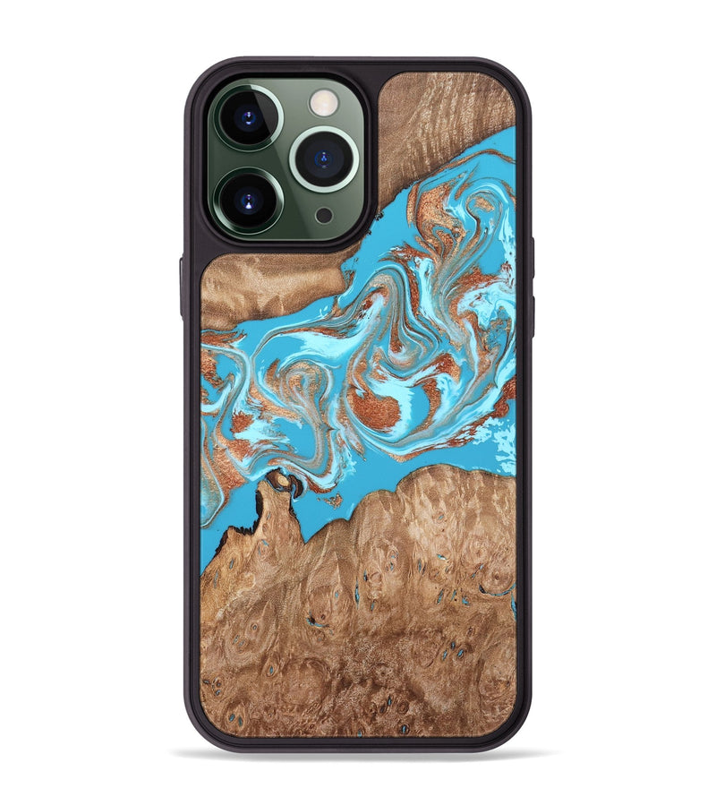 iPhone 13 Pro Max Wood Phone Case - Angelo (Teal & Gold, 820115)