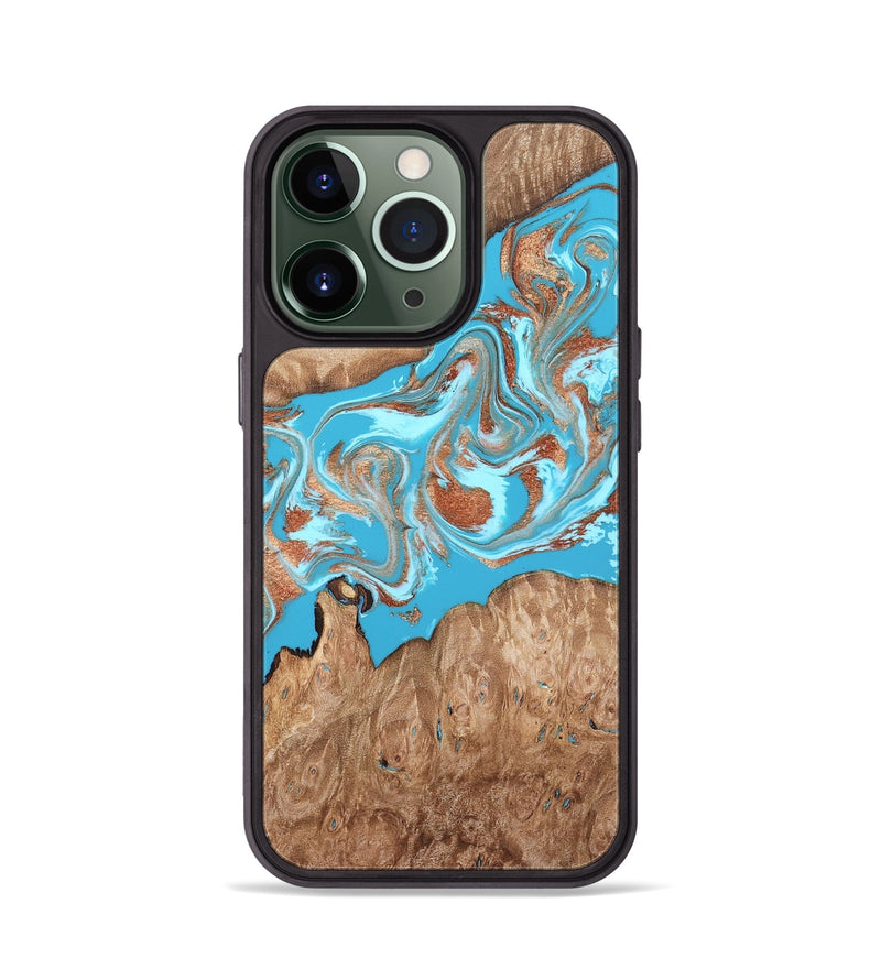 iPhone 13 Pro Wood Phone Case - Angelo (Teal & Gold, 820115)