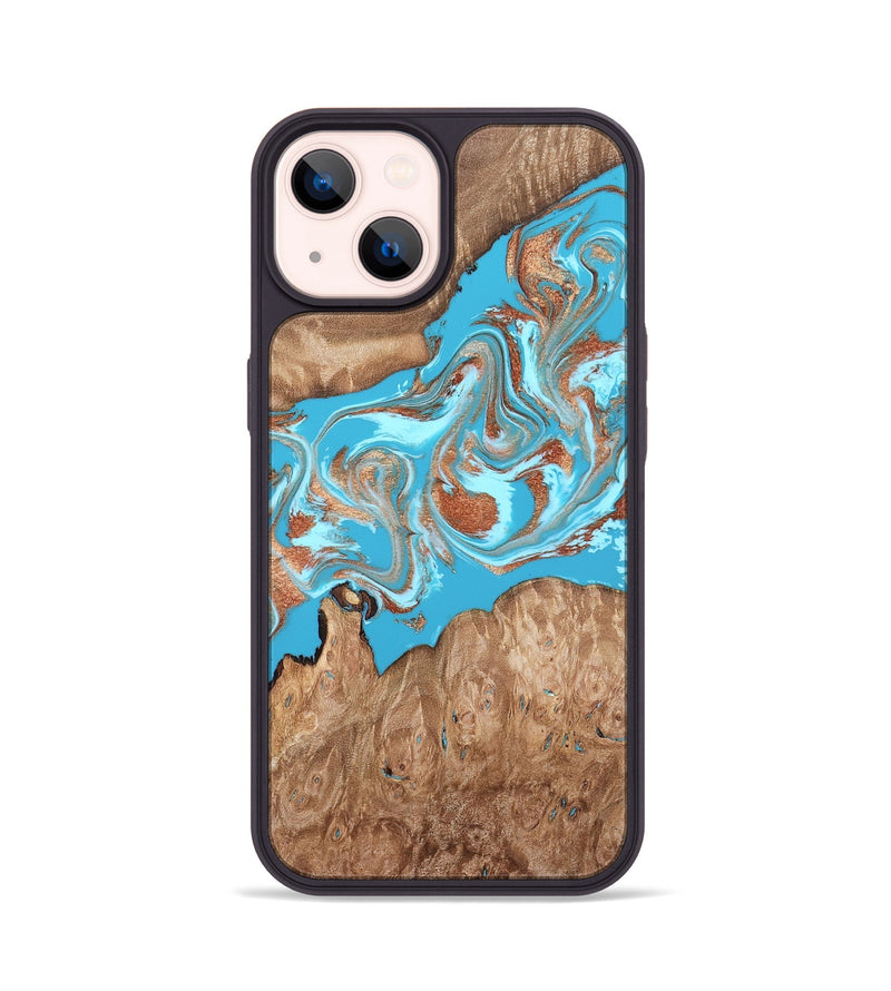 iPhone 14 Wood Phone Case - Angelo (Teal & Gold, 820115)