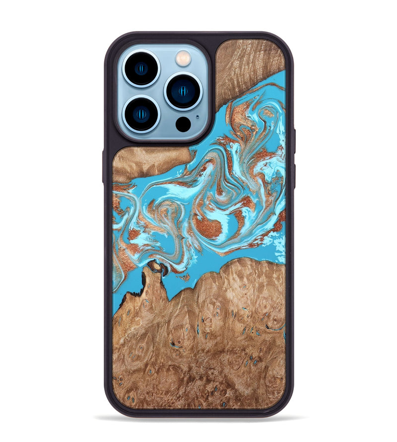 iPhone 14 Pro Max Wood Phone Case - Angelo (Teal & Gold, 820115)