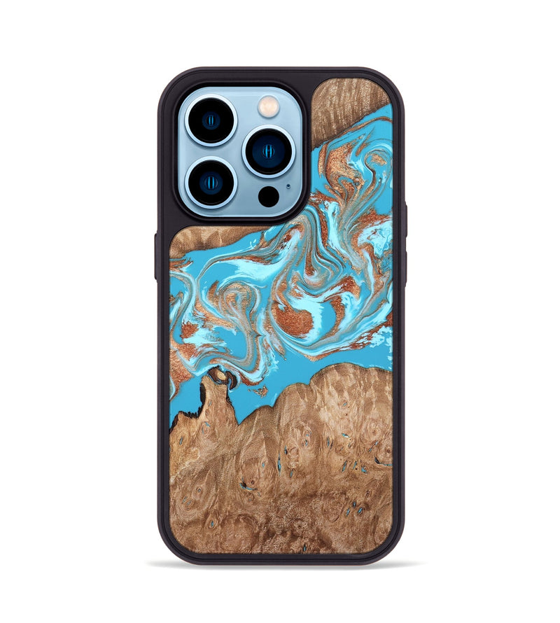 iPhone 14 Pro Wood Phone Case - Angelo (Teal & Gold, 820115)