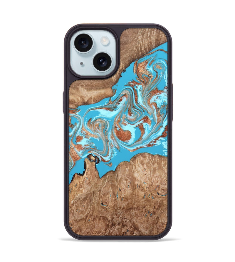 iPhone 15 Wood Phone Case - Angelo (Teal & Gold, 820115)