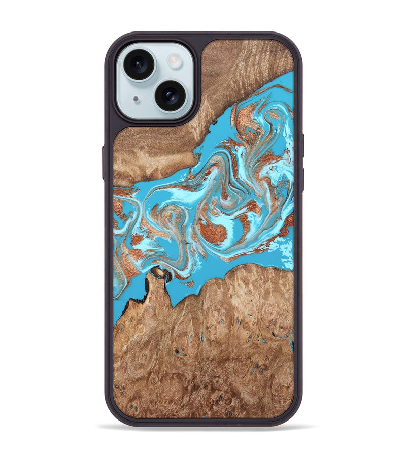 iPhone 15 Plus Wood Phone Case - Angelo (Teal & Gold, 820115)