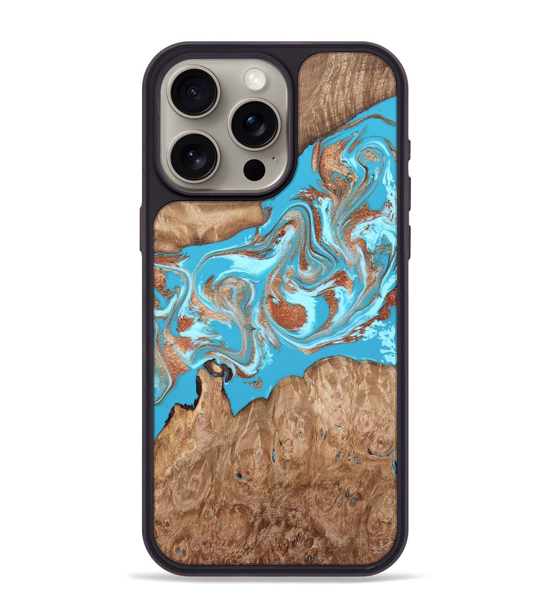 iPhone 15 Pro Max Wood Phone Case - Angelo (Teal & Gold, 820115)