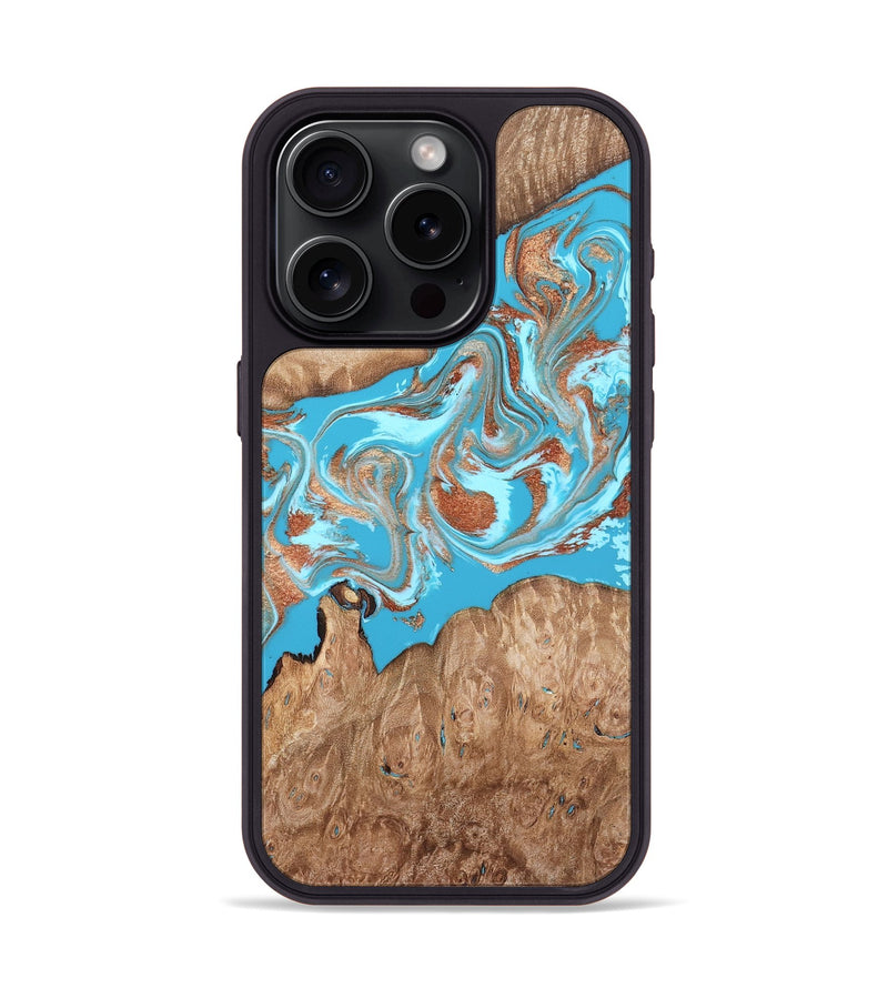 iPhone 15 Pro Wood Phone Case - Angelo (Teal & Gold, 820115)
