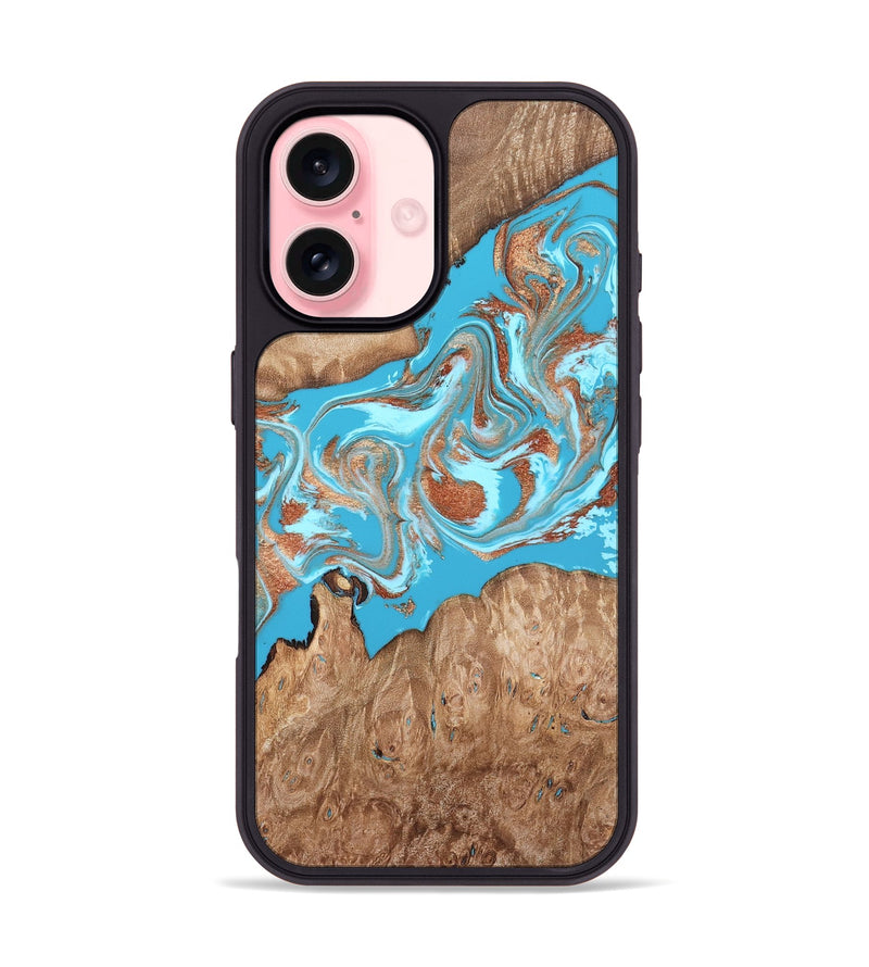 iPhone 16 Wood Phone Case - Angelo (Teal & Gold, 820115)