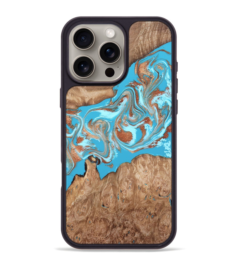 iPhone 16 Pro Max Wood Phone Case - Angelo (Teal & Gold, 820115)