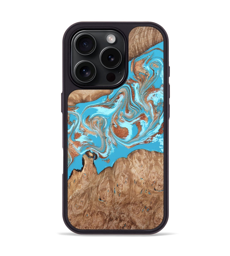 iPhone 16 Pro Wood Phone Case - Angelo (Teal & Gold, 820115)