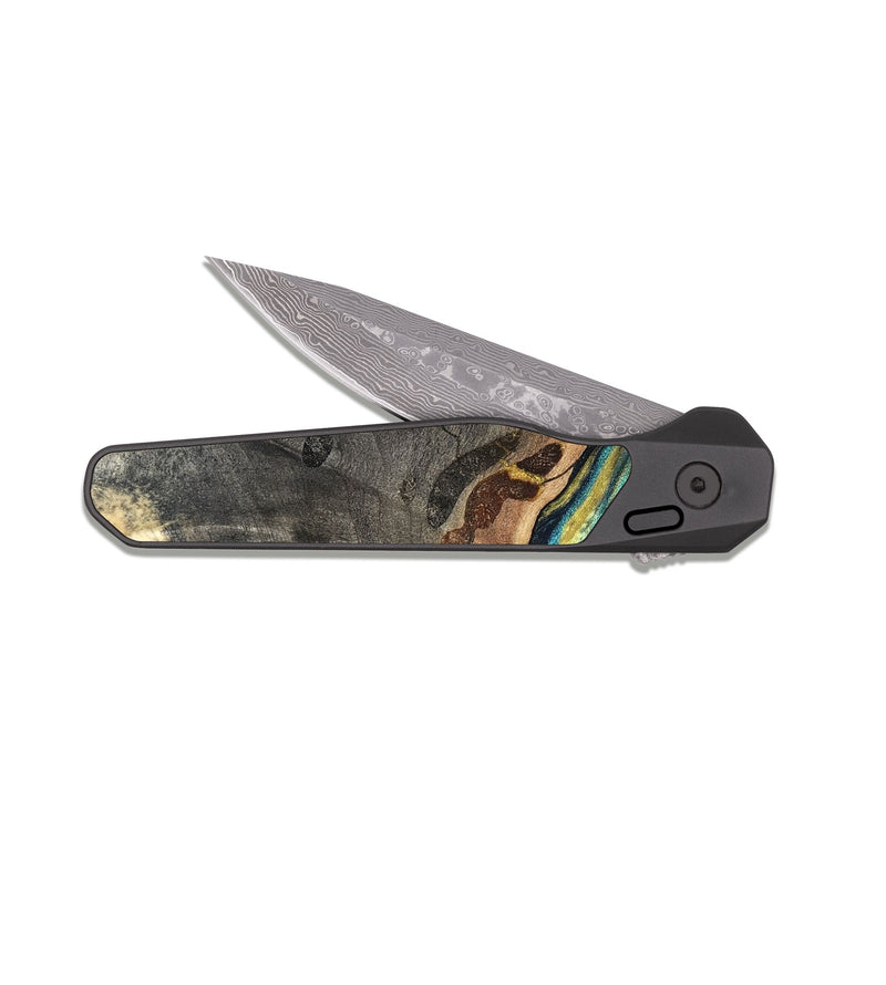 EDC Dark Damascus Wood Pocket Knife - Santos (Teal & Gold, 820117)