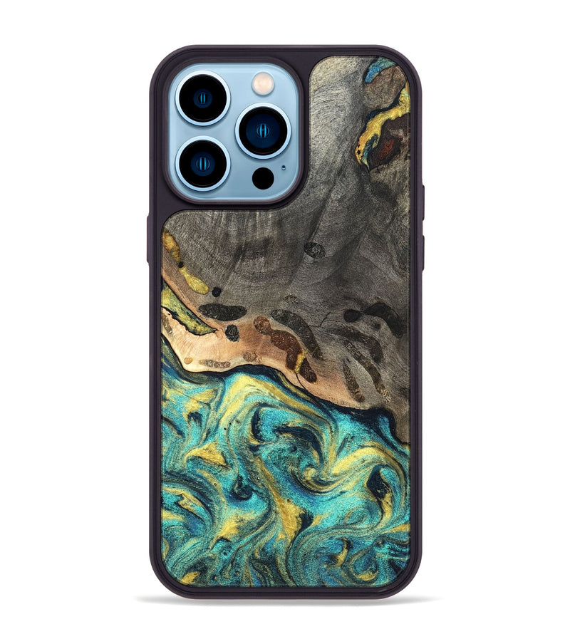 iPhone 14 Pro Max Wood Phone Case - Santos (Teal & Gold, 820117)
