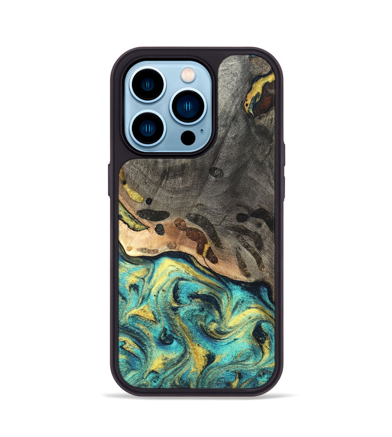 iPhone 14 Pro Wood Phone Case - Santos (Teal & Gold, 820117)