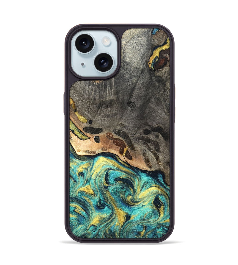 iPhone 15 Wood Phone Case - Santos (Teal & Gold, 820117)