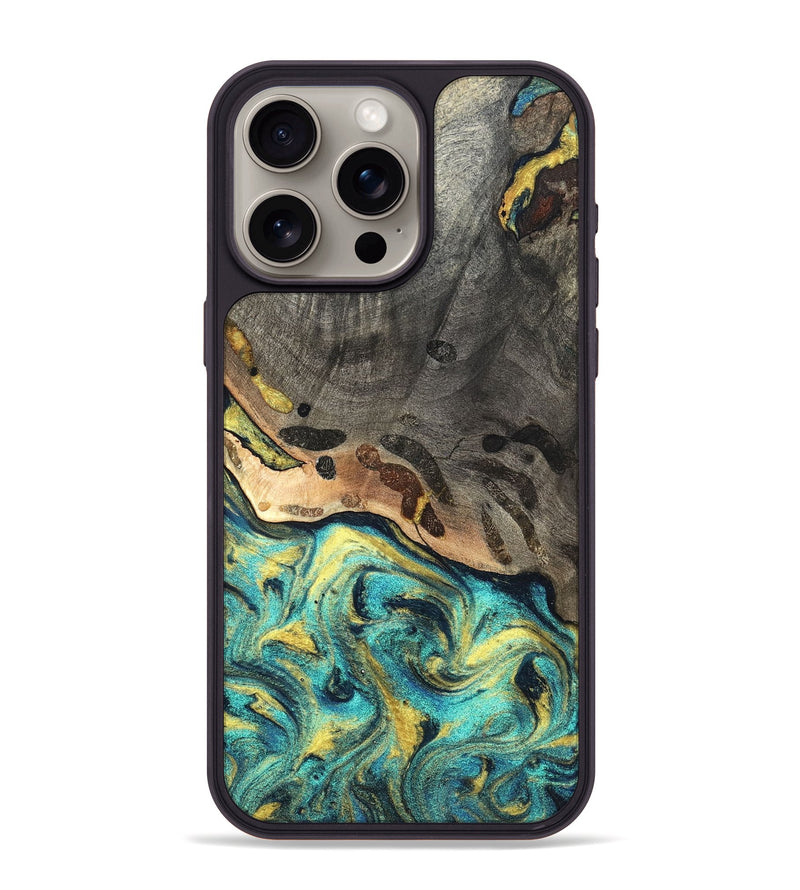 iPhone 15 Pro Max Wood Phone Case - Santos (Teal & Gold, 820117)