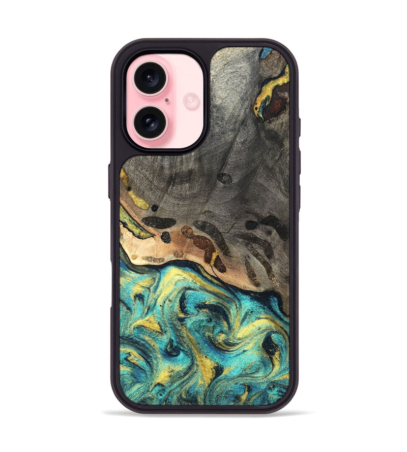iPhone 16 Wood Phone Case - Santos (Teal & Gold, 820117)