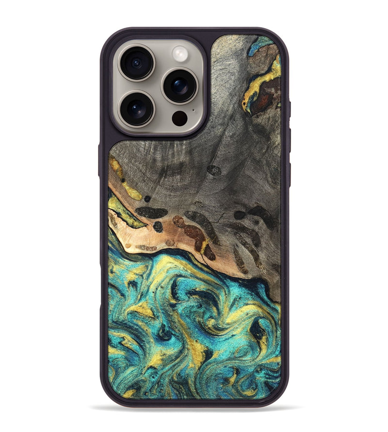 iPhone 16 Pro Max Wood Phone Case - Santos (Teal & Gold, 820117)