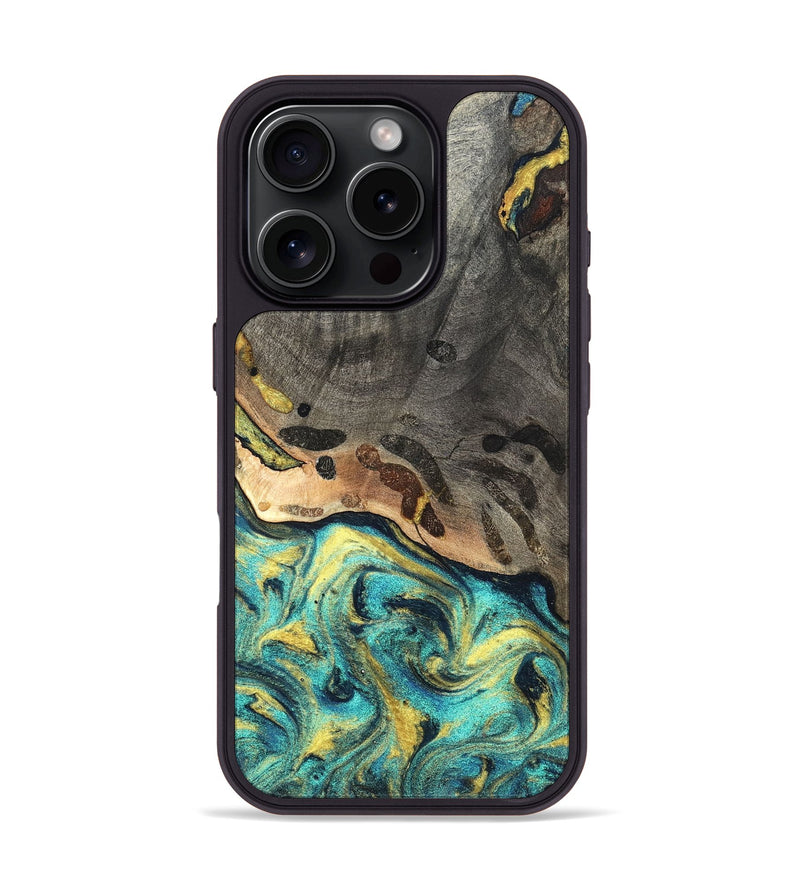 iPhone 16 Pro Wood Phone Case - Santos (Teal & Gold, 820117)
