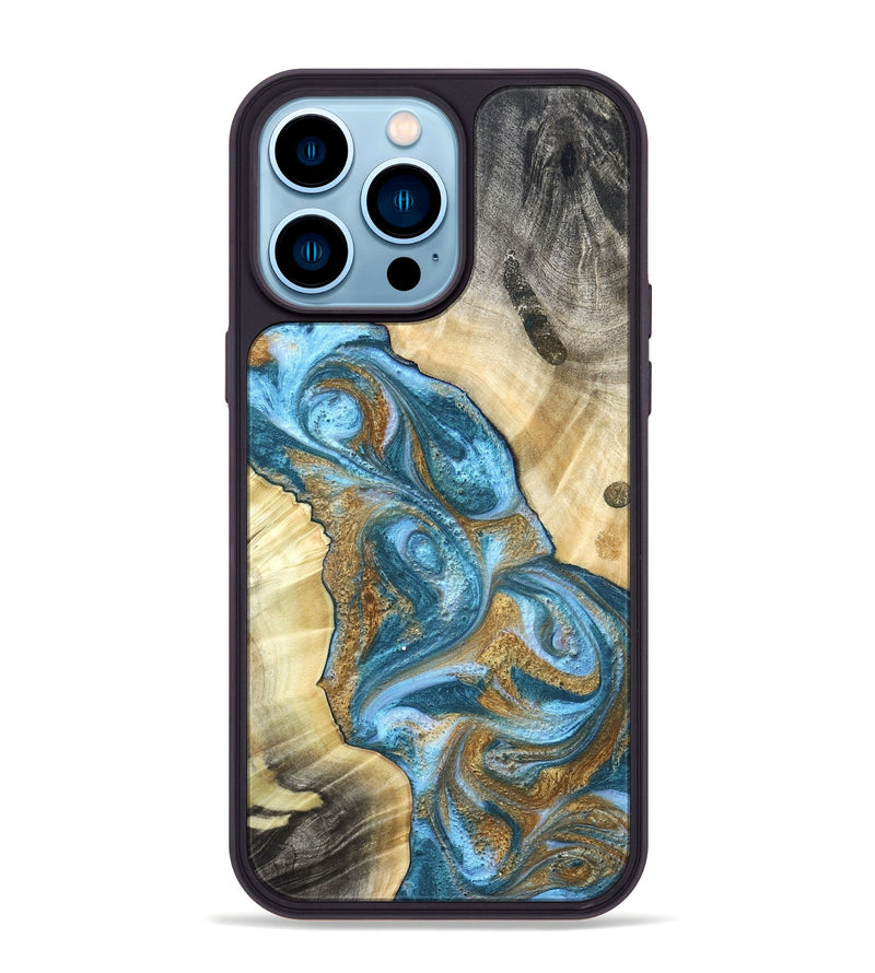 iPhone 14 Pro Max Wood Phone Case - Declan (Teal & Gold, 820118)