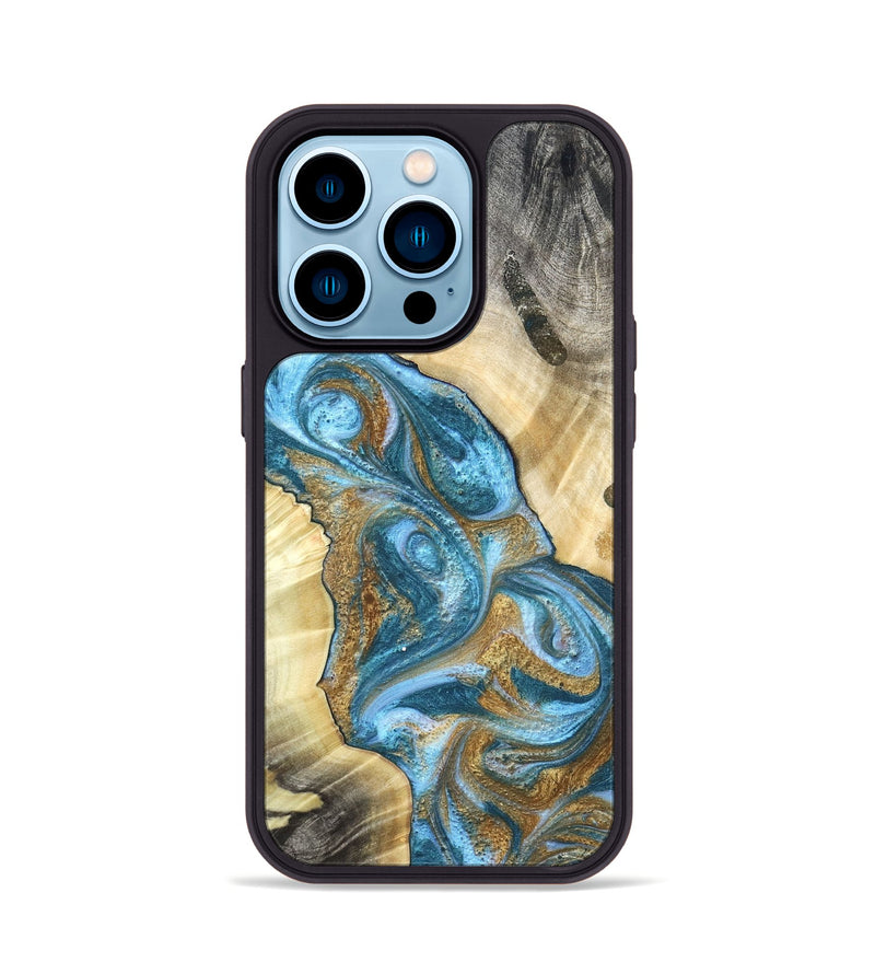 iPhone 14 Pro Wood Phone Case - Declan (Teal & Gold, 820118)