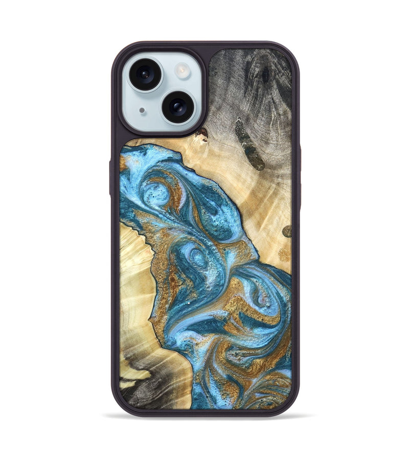 iPhone 15 Wood Phone Case - Declan (Teal & Gold, 820118)