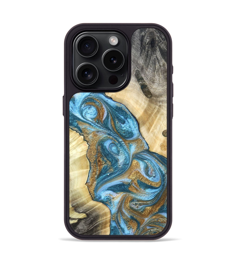 iPhone 15 Pro Wood Phone Case - Declan (Teal & Gold, 820118)
