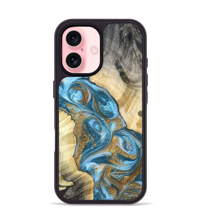 iPhone 16 Wood Phone Case - Declan (Teal & Gold, 820118)