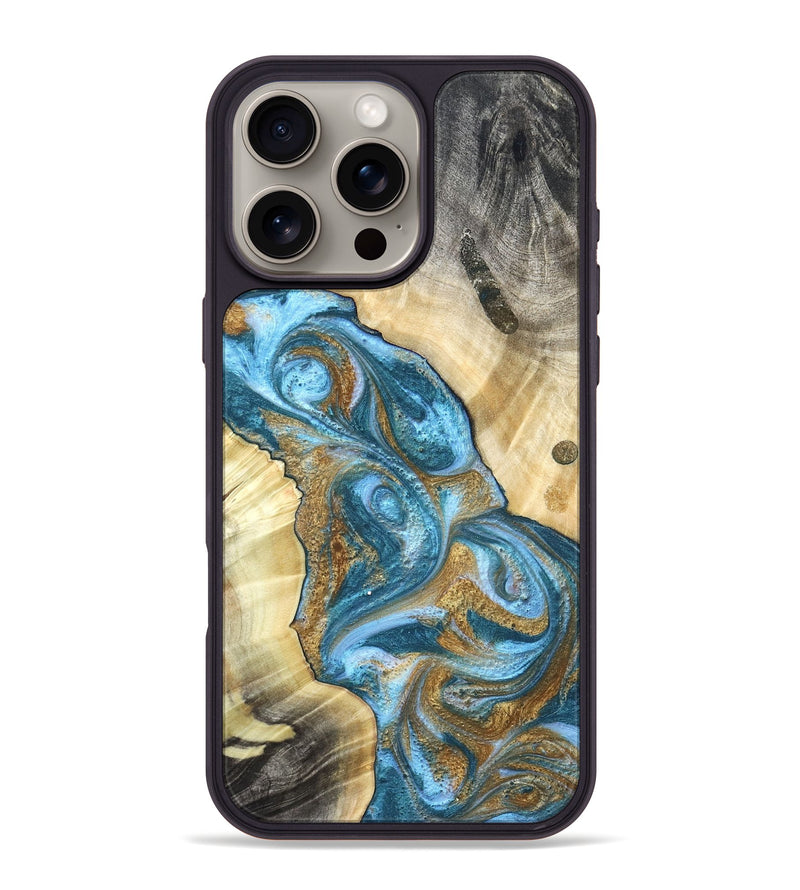 iPhone 16 Pro Max Wood Phone Case - Declan (Teal & Gold, 820118)