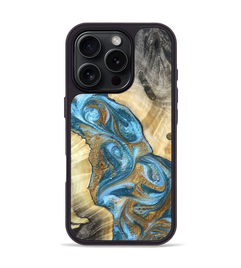 iPhone 16 Pro Wood Phone Case - Declan (Teal & Gold, 820118)