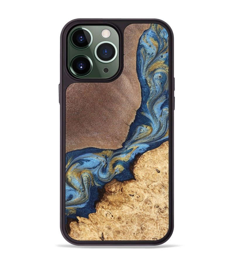 iPhone 13 Pro Max Wood Phone Case - Isa (Teal & Gold, 820119)