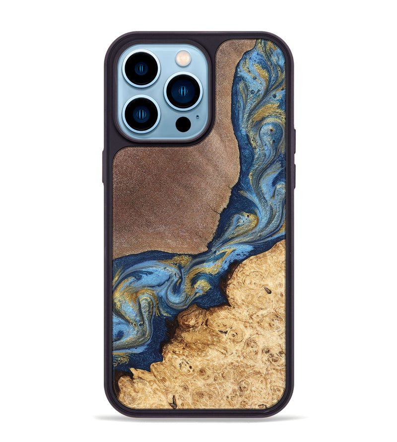 iPhone 14 Pro Max Wood Phone Case - Isa (Teal & Gold, 820119)