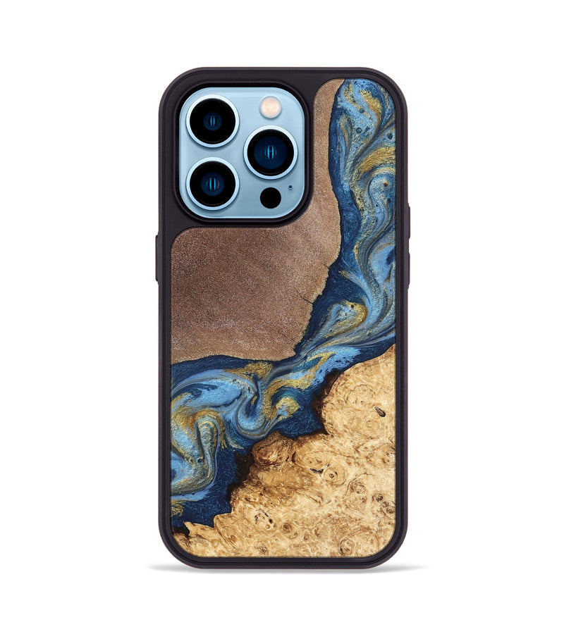 iPhone 14 Pro Wood Phone Case - Isa (Teal & Gold, 820119)
