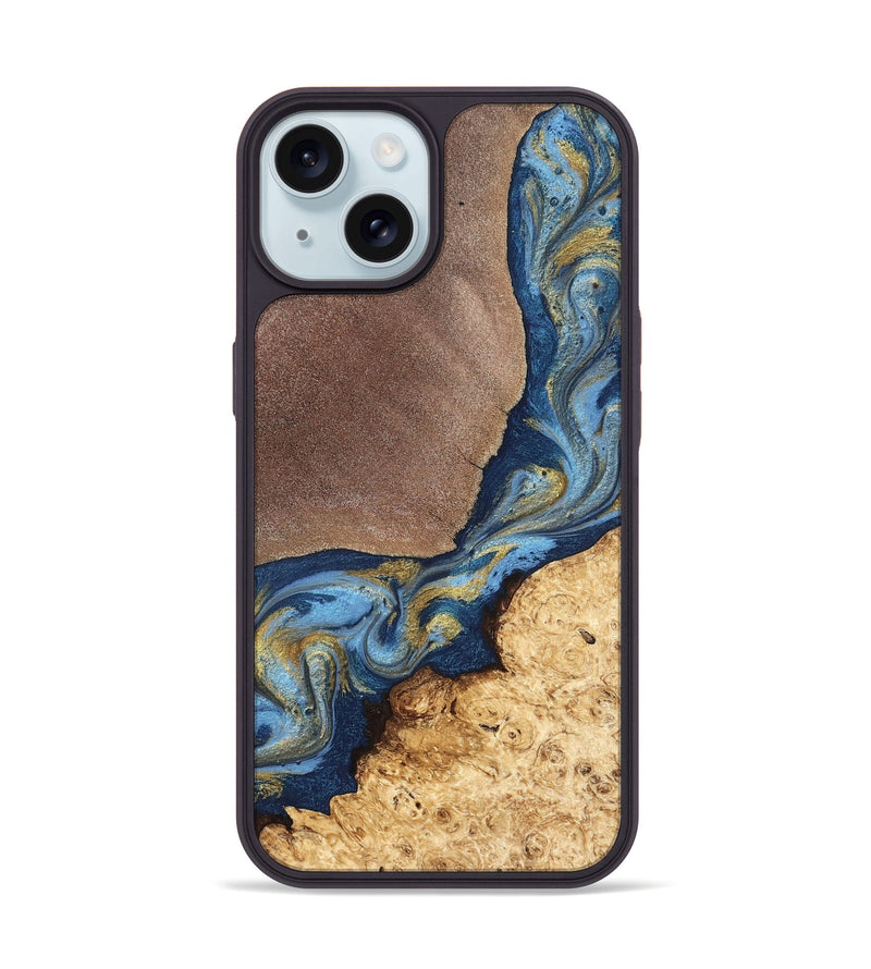 iPhone 15 Wood Phone Case - Isa (Teal & Gold, 820119)