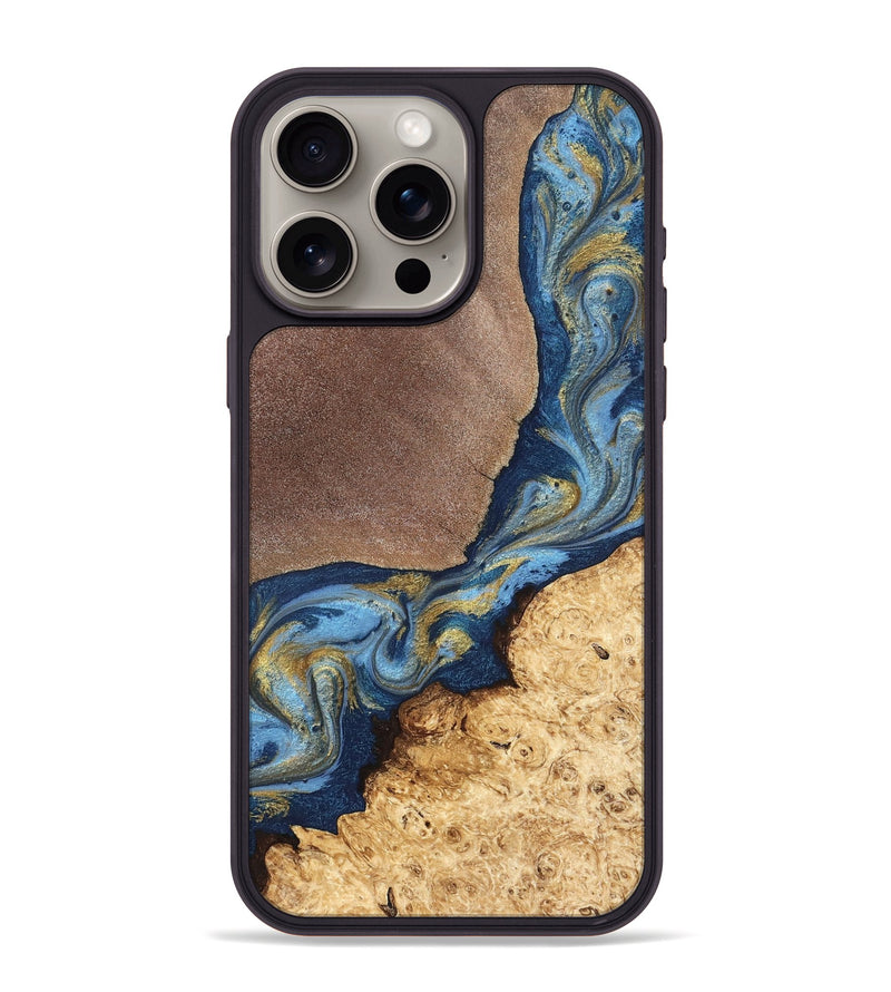 iPhone 15 Pro Max Wood Phone Case - Isa (Teal & Gold, 820119)