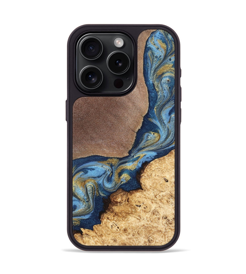 iPhone 15 Pro Wood Phone Case - Isa (Teal & Gold, 820119)