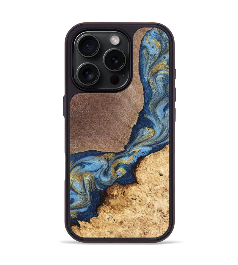 iPhone 16 Pro Wood Phone Case - Isa (Teal & Gold, 820119)
