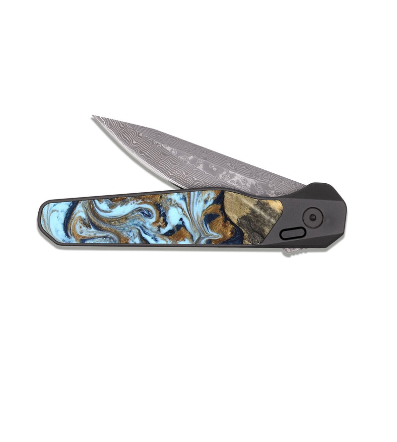 EDC Dark Damascus Wood Pocket Knife - Robb (Teal & Gold, 820120)