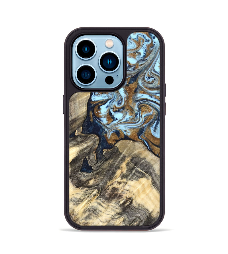 iPhone 14 Pro Wood Phone Case - Robb (Teal & Gold, 820120)