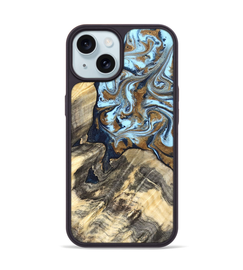 iPhone 15 Wood Phone Case - Robb (Teal & Gold, 820120)