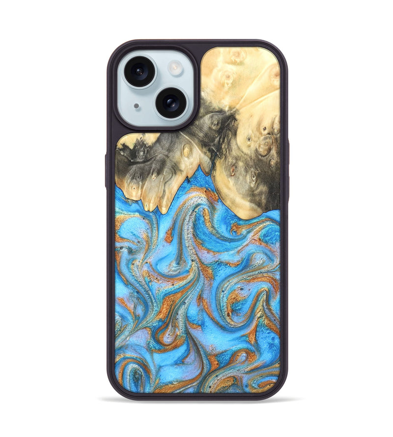 iPhone 15 Wood Phone Case - Cassidy (Teal & Gold, 820122)