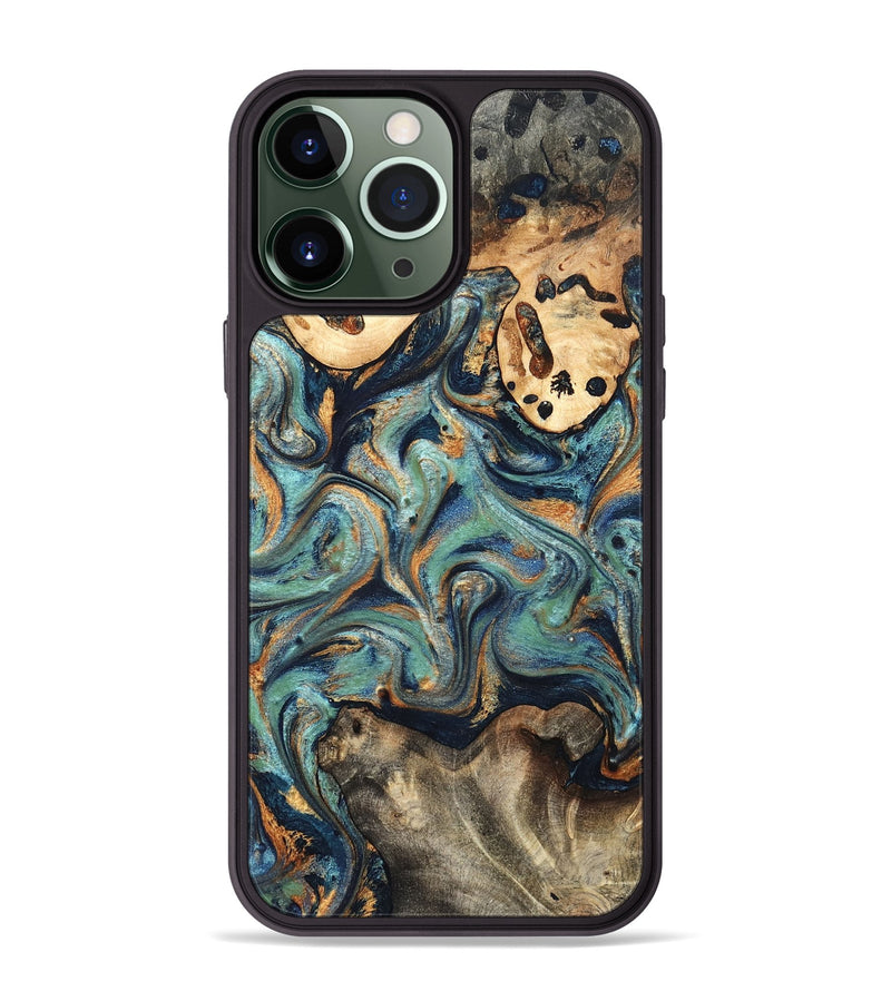 iPhone 13 Pro Max Wood Phone Case - Kahlil (Teal & Gold, 820124)