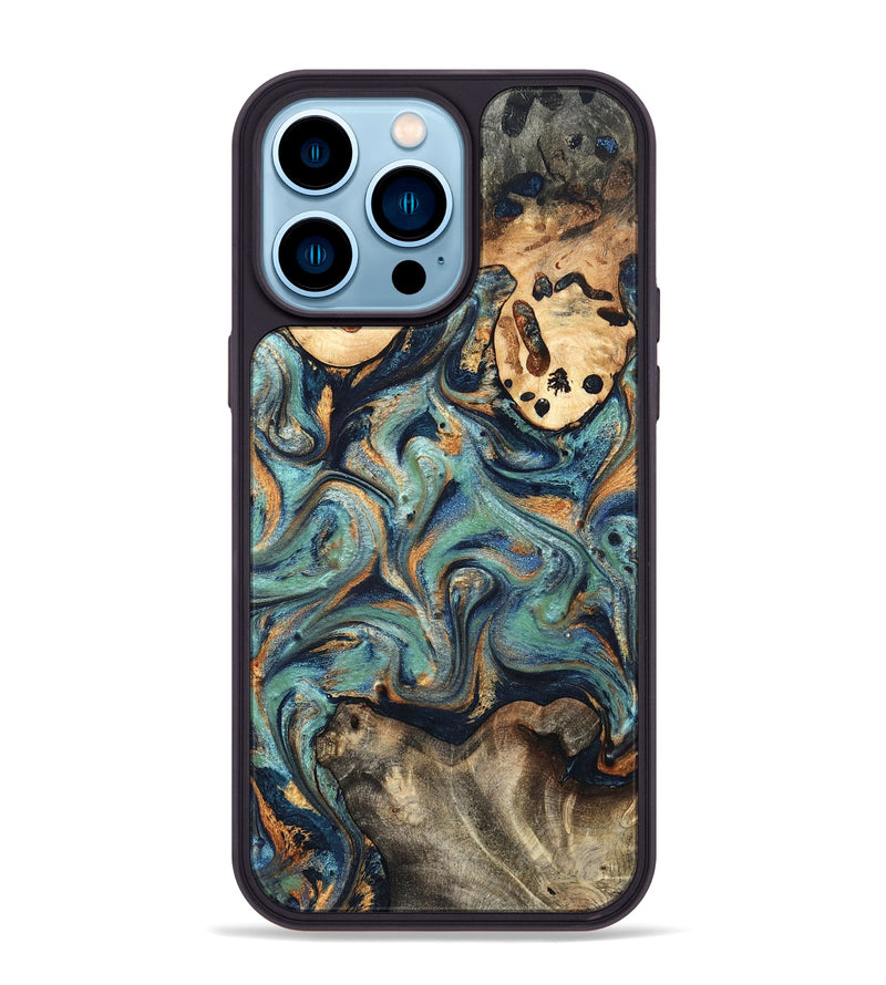 iPhone 14 Pro Max Wood Phone Case - Kahlil (Teal & Gold, 820124)
