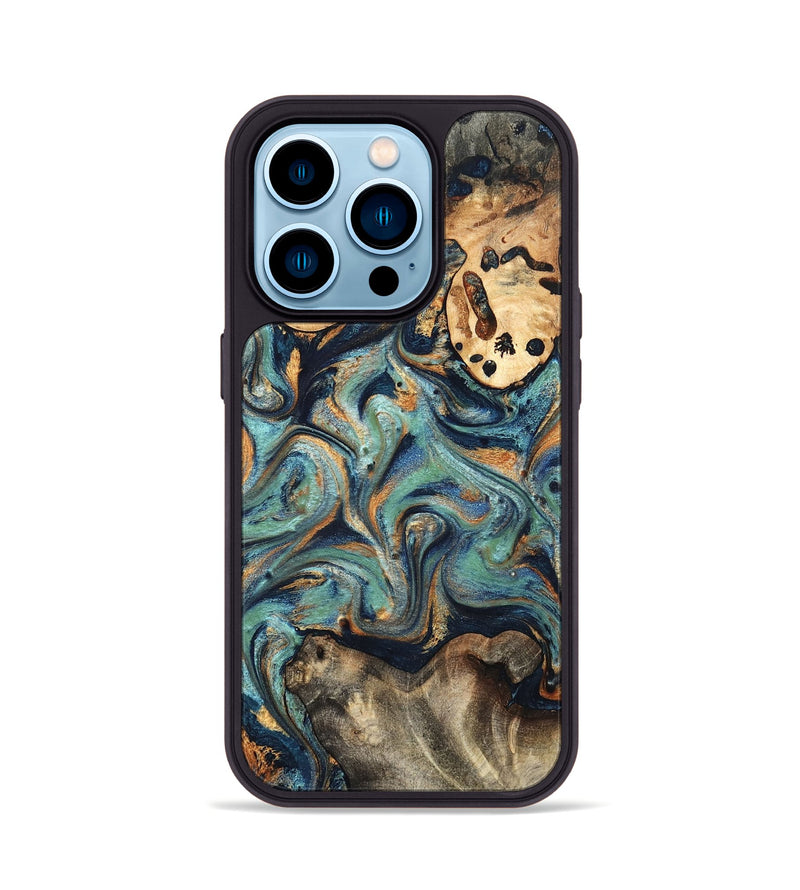 iPhone 14 Pro Wood Phone Case - Kahlil (Teal & Gold, 820124)