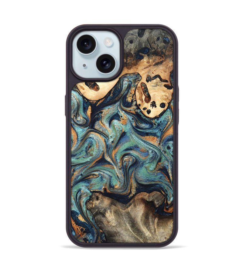 iPhone 15 Wood Phone Case - Kahlil (Teal & Gold, 820124)