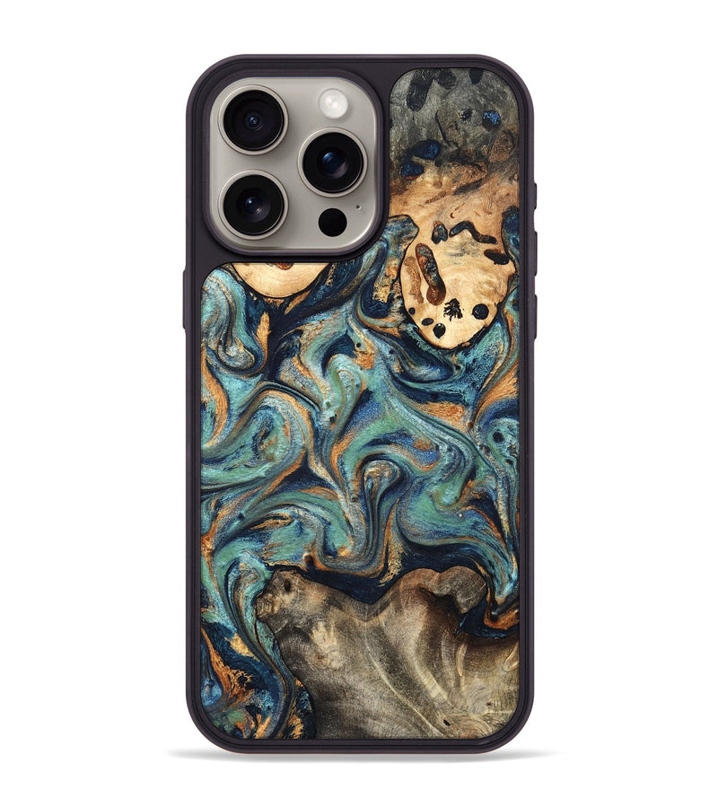 iPhone 15 Pro Max Wood Phone Case - Kahlil (Teal & Gold, 820124)