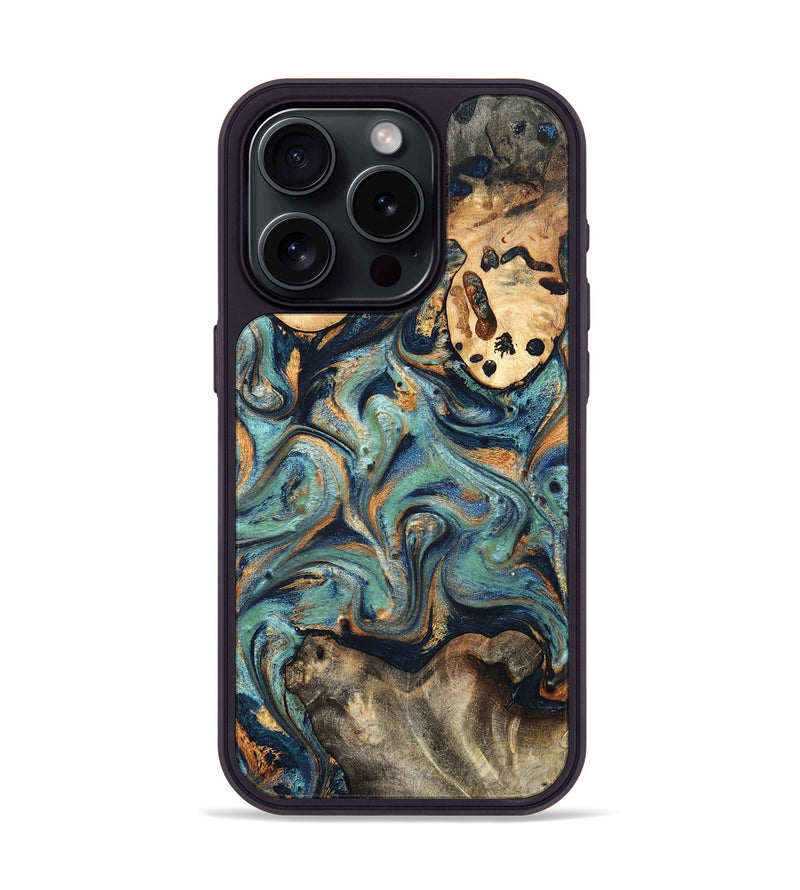 iPhone 15 Pro Wood Phone Case - Kahlil (Teal & Gold, 820124)