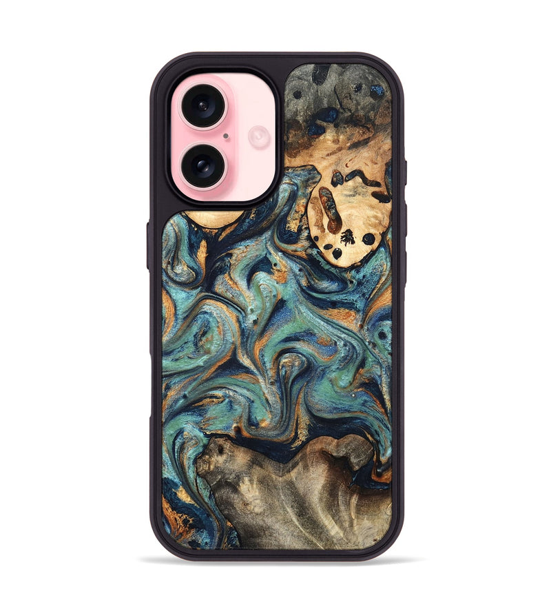 iPhone 16 Wood Phone Case - Kahlil (Teal & Gold, 820124)