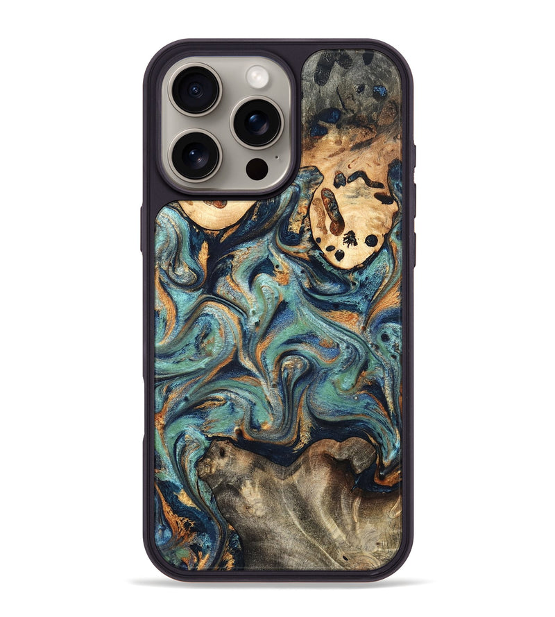iPhone 16 Pro Max Wood Phone Case - Kahlil (Teal & Gold, 820124)