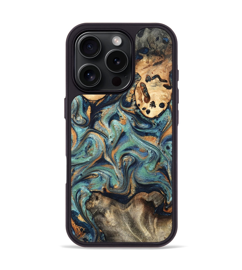 iPhone 16 Pro Wood Phone Case - Kahlil (Teal & Gold, 820124)