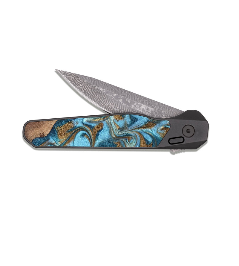 EDC Dark Damascus Wood Pocket Knife - Bobbie (Teal & Gold, 820198)