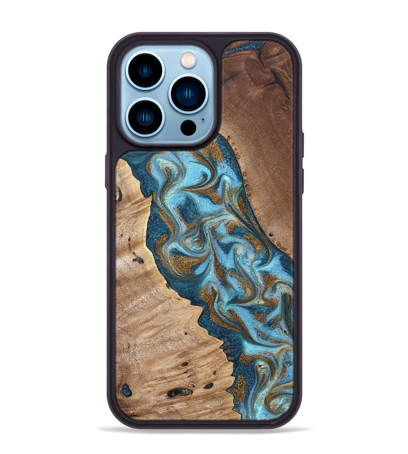 iPhone 14 Pro Max Wood Phone Case - Bobbie (Teal & Gold, 820198)