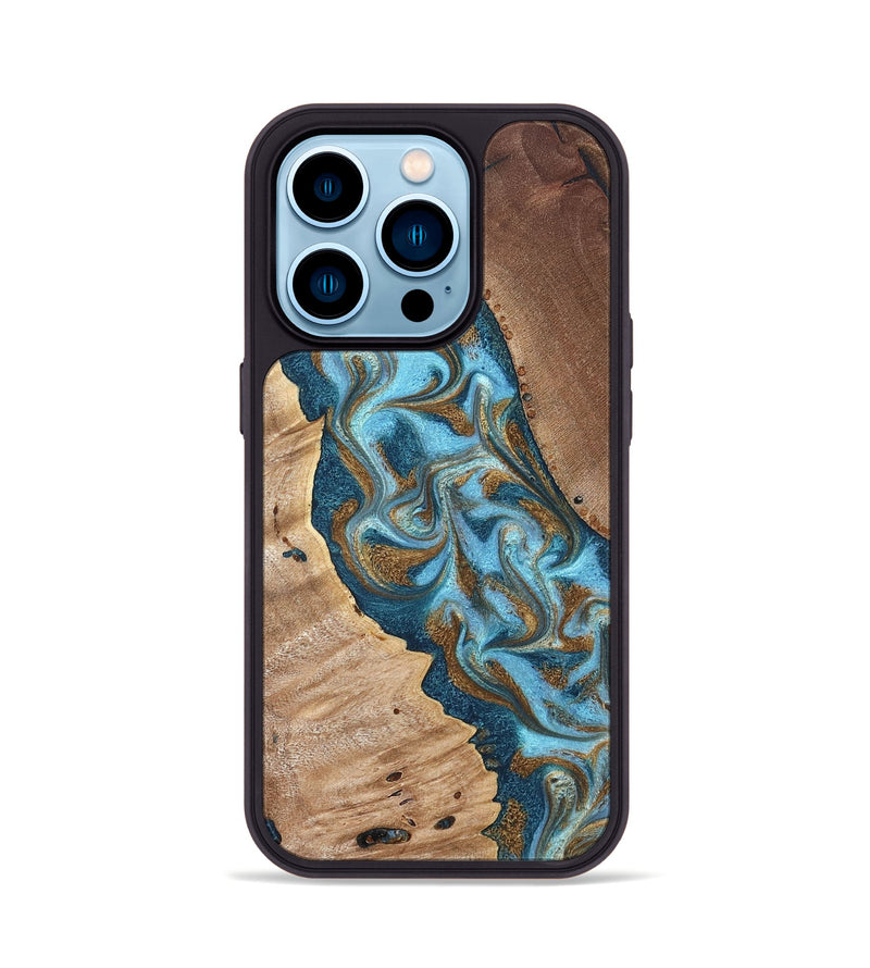 iPhone 14 Pro Wood Phone Case - Bobbie (Teal & Gold, 820198)